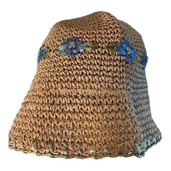 Women’s Beige Woven Paper Hat with Light Blue Flowers One Size Fits Most 12x8in - Picture 3 of 16